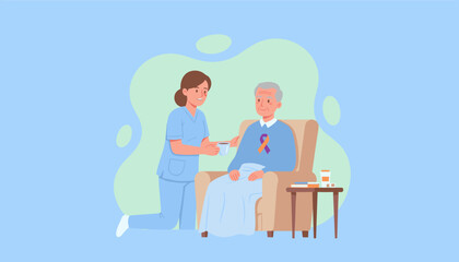 Fototapeta premium Professional caregiver assists senior patient sitting in an armchair with a warm drink