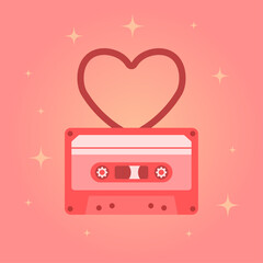 Valentine cassette tape illustration. Retro tape form. Heart-shaped tape pattern detail. Soft nostalgic color accents. Sparkle elements. Warm valentine themed line.