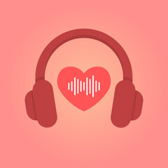 Valentine headphones illustration. Simple headphone silhouette. Heart waveform detail. Warm gradient circle backdrop. Soft romantic audio theme.