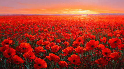 Vibrant field of bright red poppies stretching to the horizon under a glowing orange sunset sky with lush green stems and delicate petals