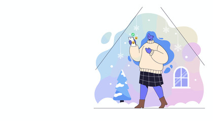 Obraz premium Woman checking phone notifications during winter holidays at home