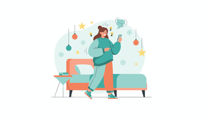 Fototapeta premium Smart home control Woman gets an idea while using her phone near a bed
