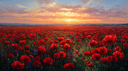 Vibrant field of lush red poppies stretching to the horizon under a colorful sunset sky with soft clouds and warm golden light