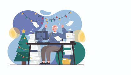 Stressed worker dealing with document overload and deadlines during the holiday season
