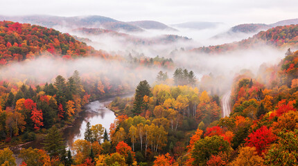 Fototapeta premium Foggy landscape with warm autumn colors