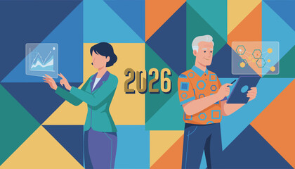 Planning for 2026 Professionals analyze data and network connections using futuristic technology