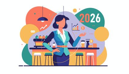 Entrepreneur plans future financial growth 2026 surrounded by investment and rising business charts