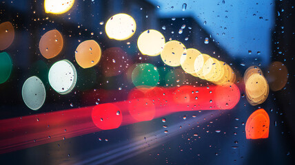 Rainy night city lights bokeh through wet window image