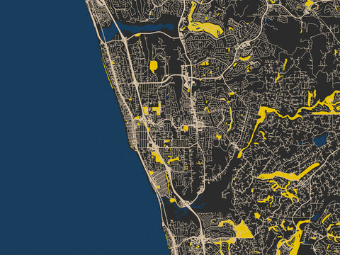 Minimalist map of Encinitas, California, charcoal and cream map
