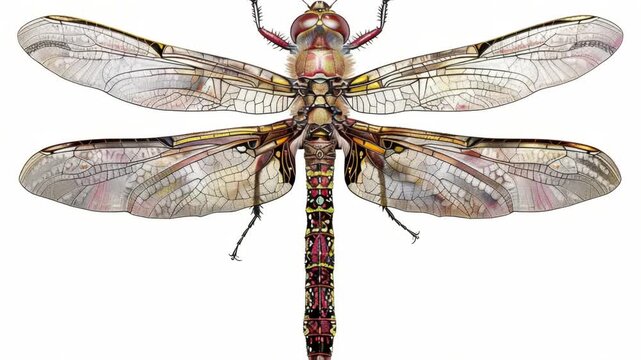 Video A close-up view of a dragonfly sitting on a white background, its delicate wings spread out