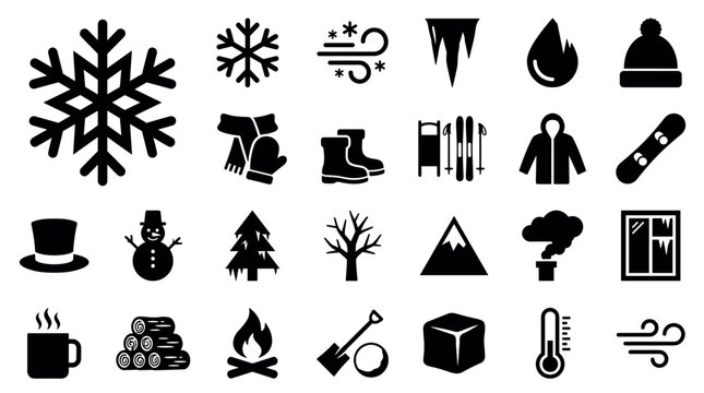 Large set of black winter themed glyph icons representing weather, clothing, nature, and holiday activities in a minimalist vector illustration style