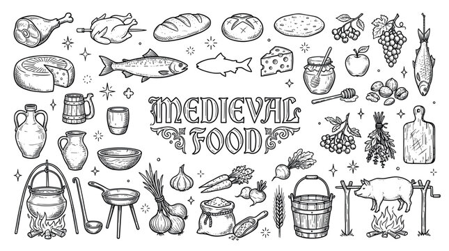 Hand-drawn set of medieval food and drink illustrations in a vintage engraving style, including roasted pig, chicken, fish, bread, cheese, vegetables, and rustic tavern mugs