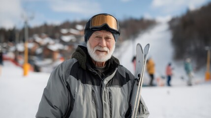 Elderly man with gray beard wearing ski goggles and a winter jacket stands on snowy slope holding skis, surrounded by skiers and a scenic winter landscape