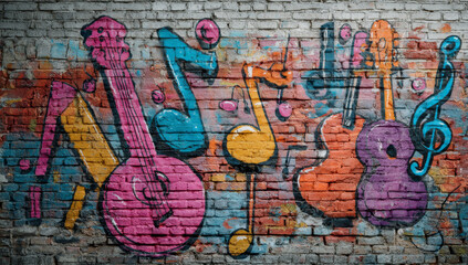 Vibrant graffiti mural with colorful musical notes and string instruments painted on textured brick wall