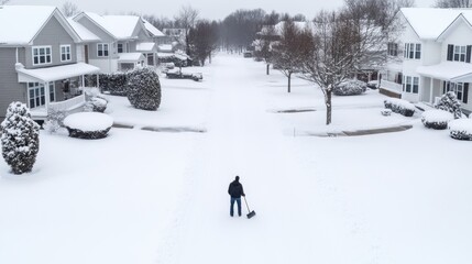 Individual shoveling snow on a quiet residential street, surrounded by snow-covered houses and trees, creating a serene winter atmosphere with fresh snowfall