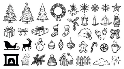 Large collection of hand-drawn Christmas icons featuring festive winter holiday symbols like a tree, gifts, snowman, and reindeer in a black and white doodle sketch style illustration