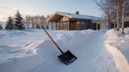 Snow-covered pathway leading to a modern house with large windows, surrounded by trees, showcasing winter landscape and a shovel resting on the snow, emphasizing seasonal beauty and tranquility