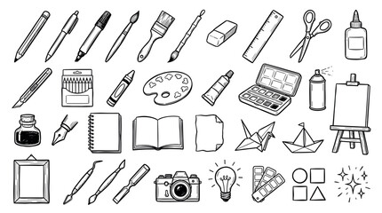 Large collection of hand-drawn art and craft supply icons in a black and white doodle style, featuring pencils, paint, brushes, paper, and other creative hobby elements