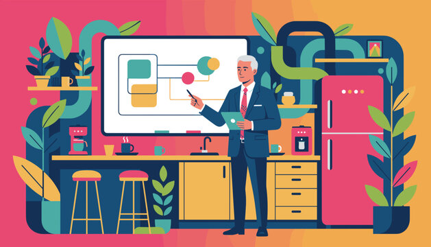 Senior executive giving a presentation in a modern colorful hybrid kitchen office