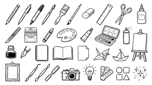 Large collection of hand-drawn art and craft supply icons in a black and white doodle style, featuring pencils, paint, brushes, paper, and other creative hobby elements