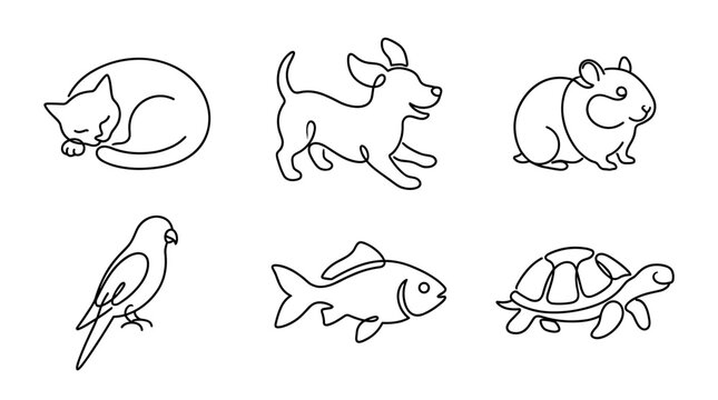 Set of six minimalist pet icons drawn in a simple continuous line art style, featuring a cat, dog, hamster, parrot, fish, and turtle in a charming character collection