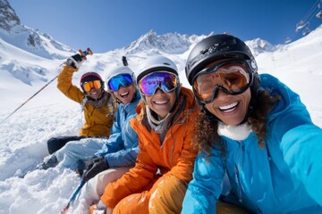 Group of diverse adults enjoying snowy mountain ski adventure