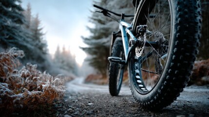Off-road mountain bike adventure through frosty forest trail at dawn