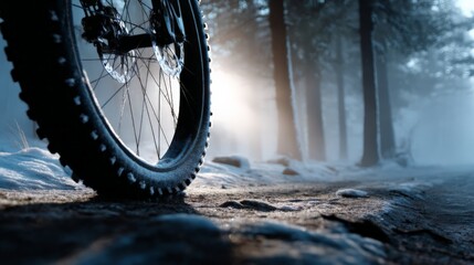 Winter mountain bike adventuring through snowy forest trail at dawn