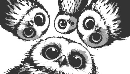Fototapeta premium wide-eyed owls peeking downward with expressive faces sketch engraving generative ai vector illustration. Scratch board imitation. Black and white image.