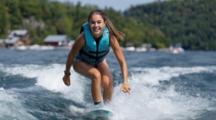 Fototapeta premium Young caucasian female teen surfing on lake with vibrant green forest in background