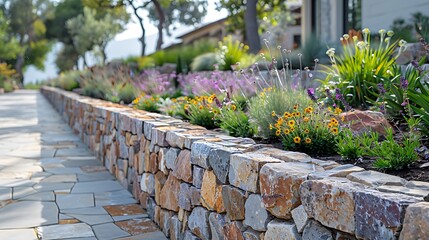 Obraz premium Beautiful stone retaining wall with colorful flowers in modern landscaped garden