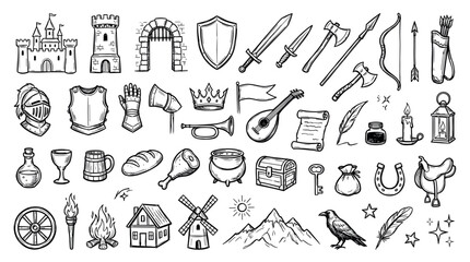 Fototapeta premium Hand-drawn medieval fantasy icon set collection showing a castle, knight armor, weapons, and various historical objects in a black and white doodle sketch style illustration