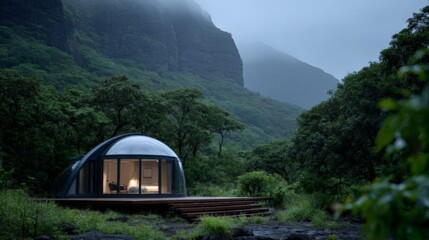 Futuristic glass-dome house in misty forested mountains