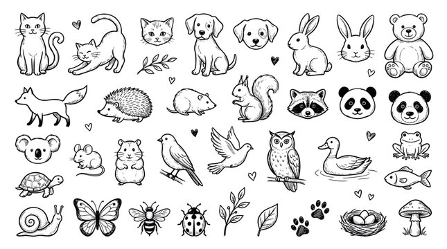 Large collection of hand-drawn animal doodles featuring a cat, dog, fox, bear, panda, and other cute forest creatures in a charming black and white line art illustration style