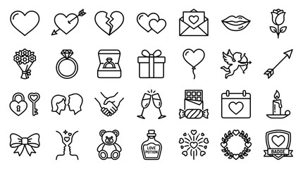 Fototapeta premium Set of minimalist black outline icons for love and romance, featuring various symbols like hearts, a diamond ring, Cupid, a gift box, a love letter, and a teddy bear