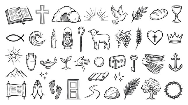 Large set of hand-drawn Christian symbols in a black and white doodle sketch style illustrating various biblical concepts like faith, resurrection, and salvation