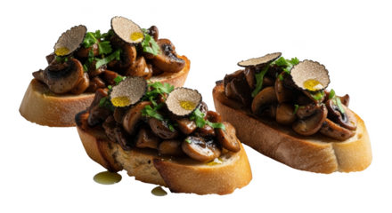 Three mushroom bruschetta with truffle and herbs appetizer