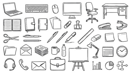Large set of hand-drawn office supply and business icons in a black and white doodle style, featuring computer equipment, stationery, furniture, and communication symbols