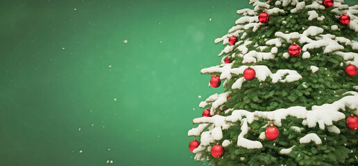 Snow covered Christmas tree with red ornaments green background