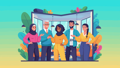 Diverse inclusive team collaborates in a modern sustainable office setting