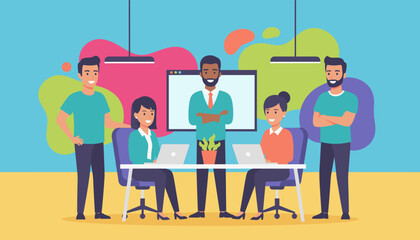 Diverse professional team meeting in a modern vibrant office setting Business collaboration and success