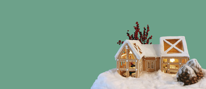 Gingerbread house wallpaper, miniature, tiny homes, isolated. Christmas card, home comfort concept, Thanksgiving. Food art, interior design, house construction, real estate, dream home concept