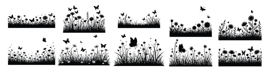 Black silhouette meadow with flowers and butterflies