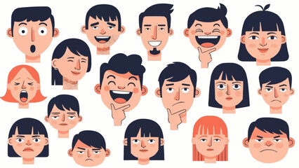 Diverse collection of cartoon faces expressing a wide range of human emotions and feelings.