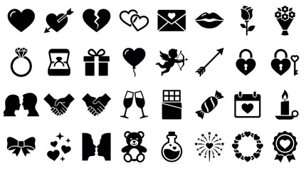 Large collection of black love icons representing romance and Valentine's Day symbols like hearts, cupid, rings, and gifts in a simple minimalist glyph style for design