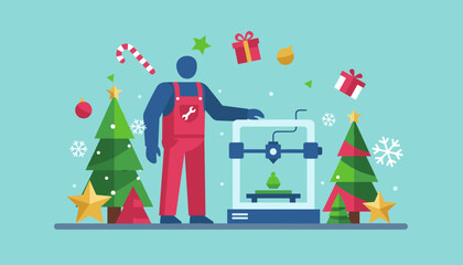 Worker using a 3D printer to manufacture festive gifts and decorations Industrial Christmas technology