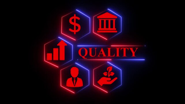 Five pillars of quality concept with neon glowing icons finance, bank, growth chart, businessman, and plant in hand against dark background