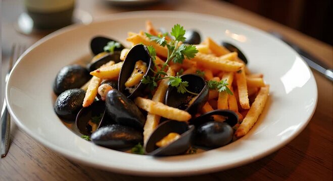  Moules‑frites (Belgium) served authentically on a plate
