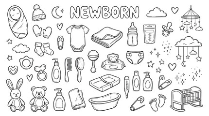 Collection of hand-drawn newborn essentials in a black and white line art style, featuring a swaddled baby, crib, clothing, toys, and various infant care accessories