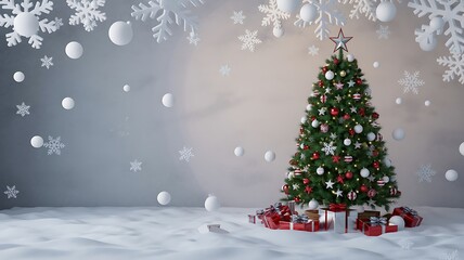 Festively decorated christmas tree adorned with ornaments and gifts piled underneath in a snowy winter setting with falling snowflakes